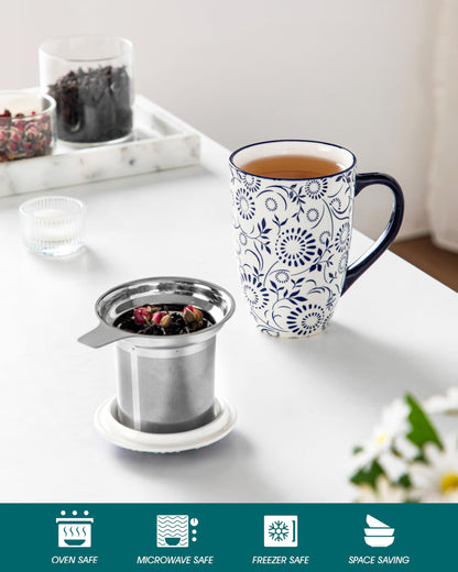 vancasso SELENE Porcelain Tea Mug, 18 oz Porcelain Tea Cup with Infuser and Lid Steeps Loose Leaf Tea, Microwave & Dishwasher Safe, Floral Bloom