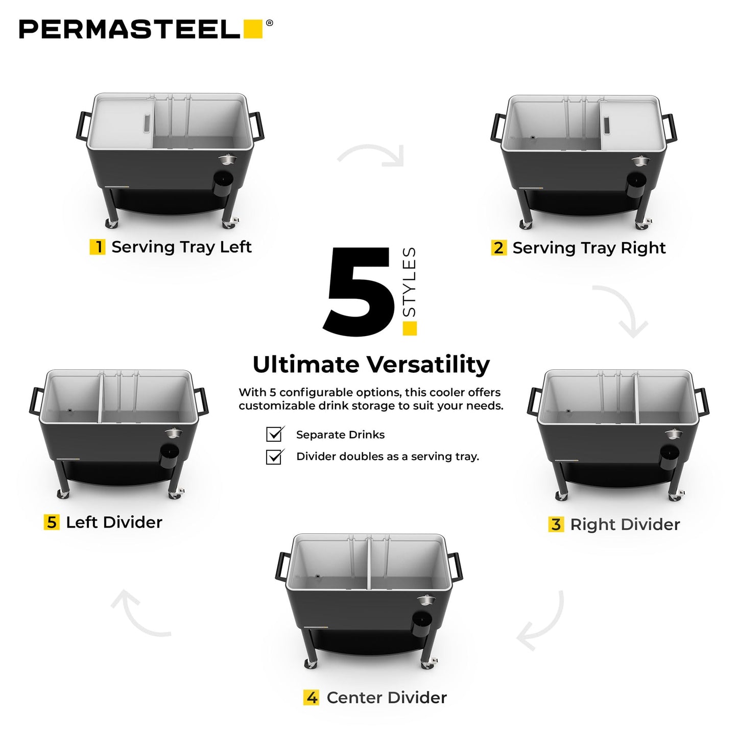 Permasteel Party Cooler with Divider, Spacious 80-Qt Capacity, Chills 36hrs, Serving Tray, Rolling Ice Chest for Indoor and Outdoor Entertainment, Black