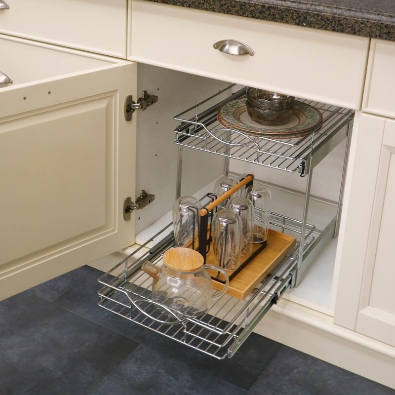Sikarou Pull Out Cabinet Organizer 26" W x 21" D 2-Tier Individual Slide Out Drawer Pantry Shelf Storage for Kitchen Base Cabinet Organization for Kitchen, Bathroom, Pantry, Chrome