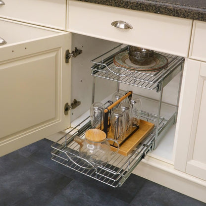 Sikarou Pull Out Cabinet Organizer 26" W x 21" D 2-Tier Individual Slide Out Drawer Pantry Shelf Storage for Kitchen Base Cabinet Organization for Kitchen, Bathroom, Pantry, Chrome