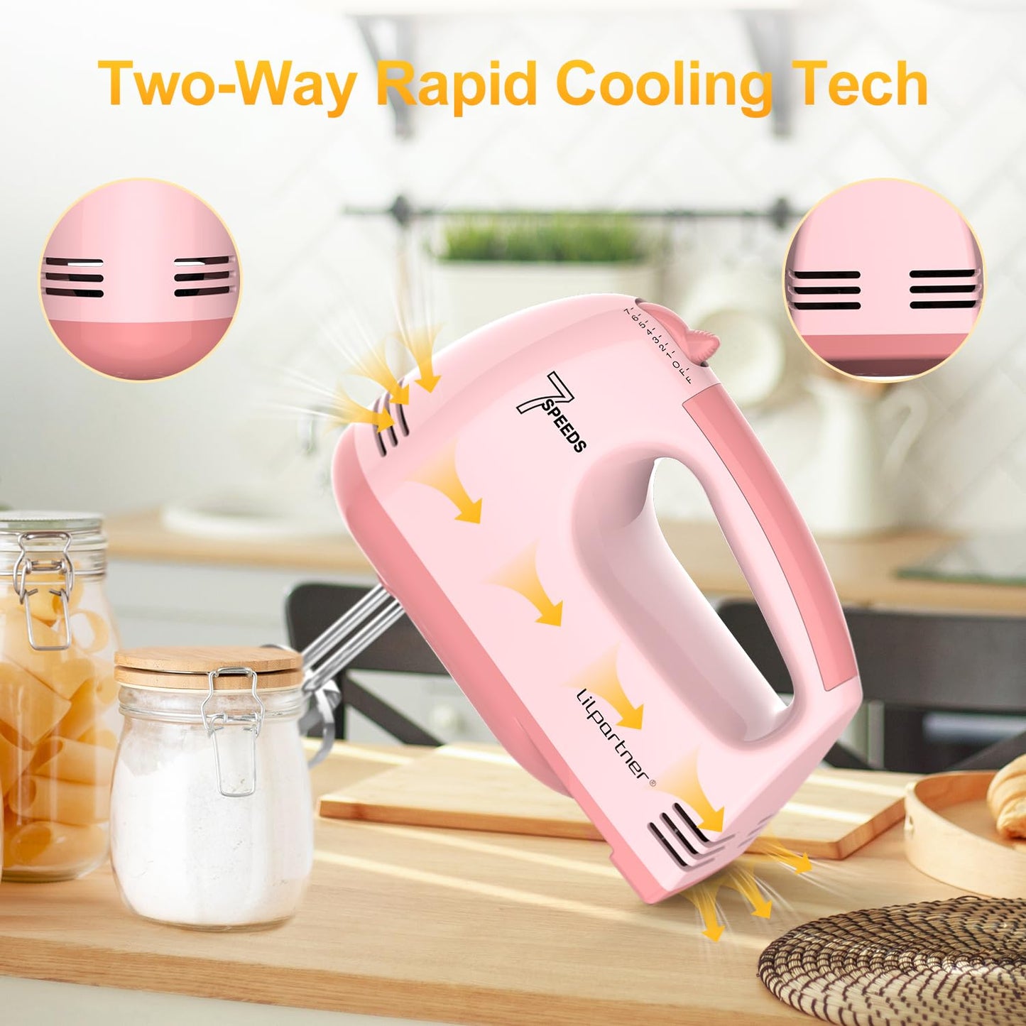 LILPARTNER Hand Mixer Electric, Ultra Power Kitchen Hand Mixer With 7-Speed & 5 Stainless Steel Accessories for Whipping Dough, Cream, Cake, Dishwasher Safe, Pink