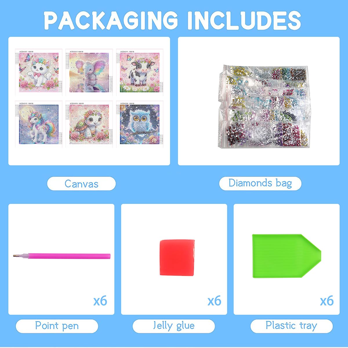 Bzconxin 6Pack Diamond Painting Kits,Cute Fantasy Cartoon Animal Diamond Painting Kits for Kids Ages 6-12,DIY Diamond Crystal Rhinestones Painting Kits for Home Wall Decor Gift 6 X 6inch