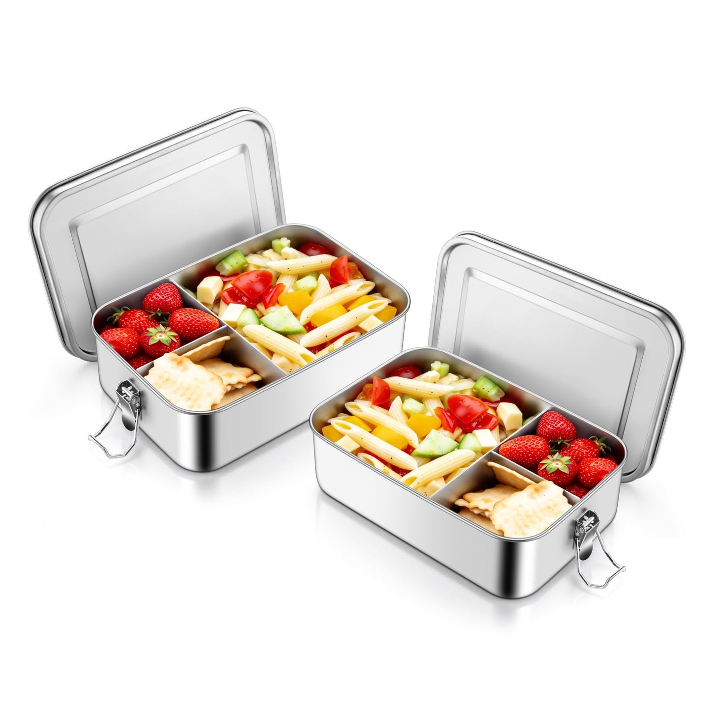 TeamFar 2 Pack Stainless Steel Bento Box, 47oz Metal Lunch Box with 3 Compartments for Adults/Kids, Lunch Food Containers for School/Work/Meal Prep, Leak-Proof & Dishwasher Safe, 1400ML