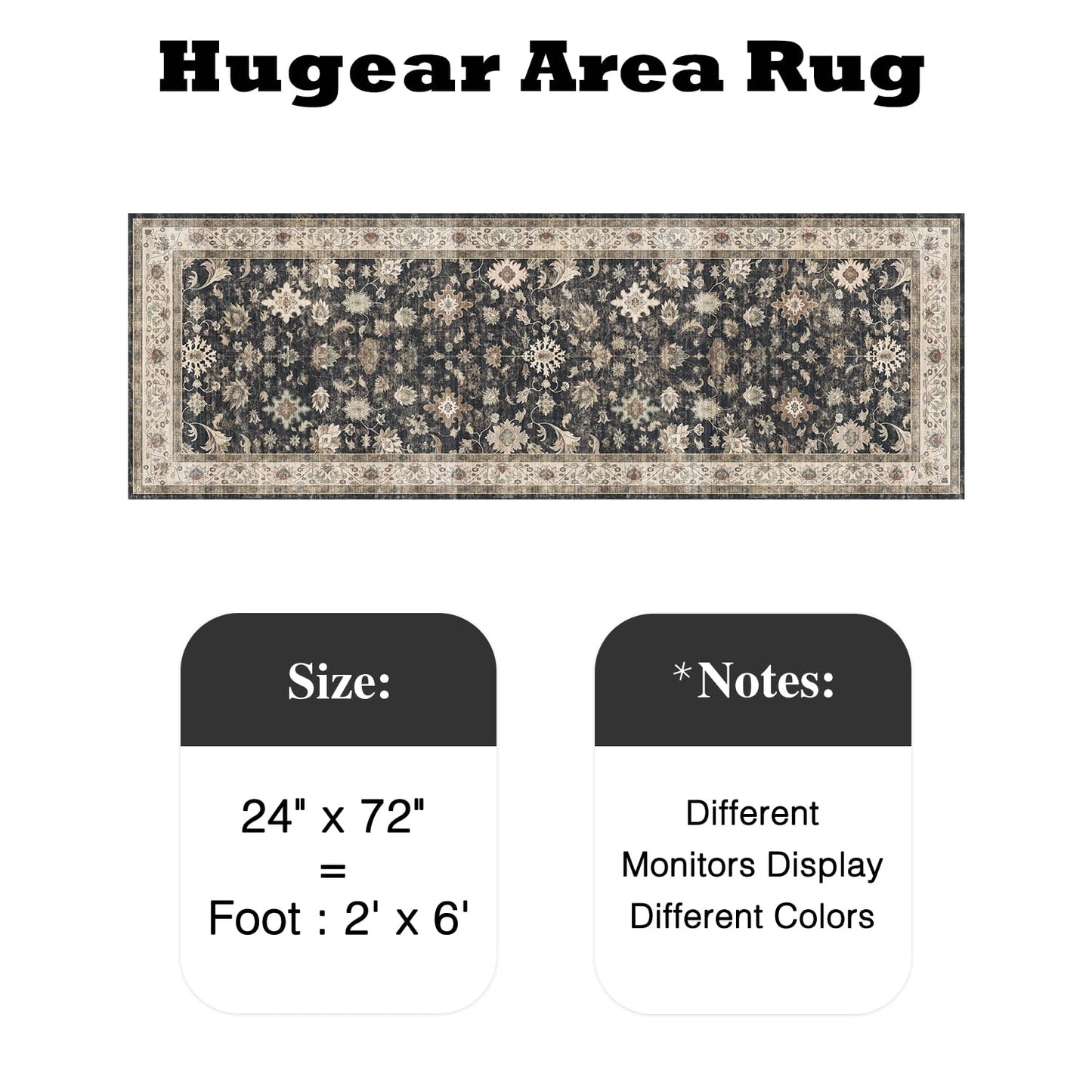 HUGEAR 2x6 Runner Rug Hallway Vintage Black Machine Washable Retro Floral Low Pile Carpet Vacuumable Distressed Long Throw Rug Bedroom Office Bathroom Kitchen Farmhouse Playroom Non Slip
