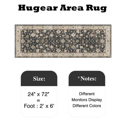 HUGEAR 2x6 Runner Rug Hallway Vintage Black Machine Washable Retro Floral Low Pile Carpet Vacuumable Distressed Long Throw Rug Bedroom Office Bathroom Kitchen Farmhouse Playroom Non Slip