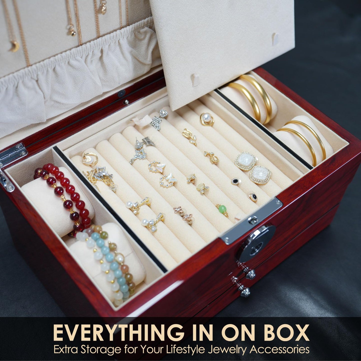 SYENS Wood Jewelry Box for Women, 3-layers Large Jewelry Storage Box&Organizer Fingerprint Lock, Drawers Full Locking, Mother Gifts (3L-RS)