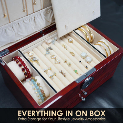 SYENS Wood Jewelry Box for Women, 3-layers Large Jewelry Storage Box&Organizer Fingerprint Lock, Drawers Full Locking, Mother Gifts (3L-RS)