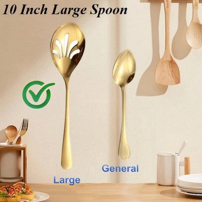 Extra Large Serving Spoons Set, 9.9 Inch Serving Spoon and Slotted Spoon, Stainless Steel Large Serving Utensils for Buffet, Parties, Catering & Kitchen (Golden)