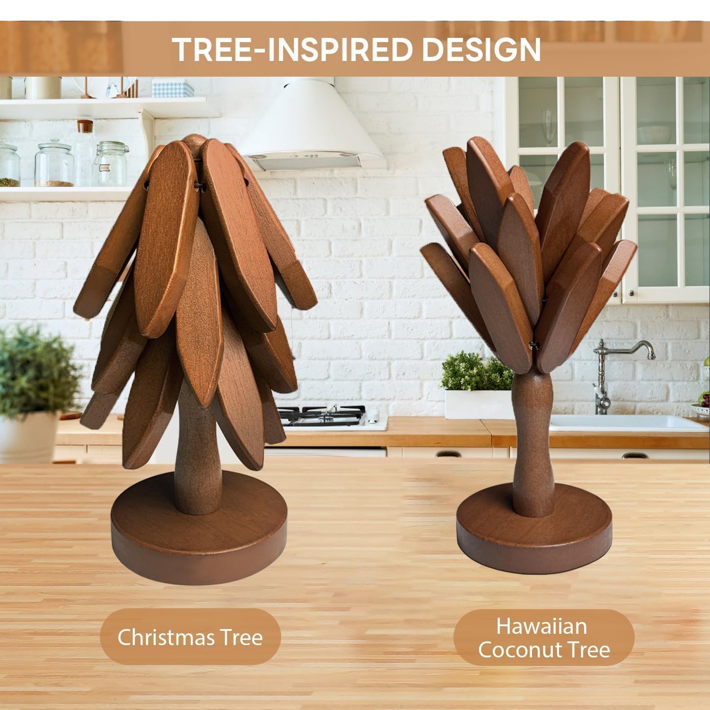 Wooden Trivets for Hot Dishes, 4 Wooden Tree Trivets + 1 Stand Stored Like a Christmas Tree (Walnut)