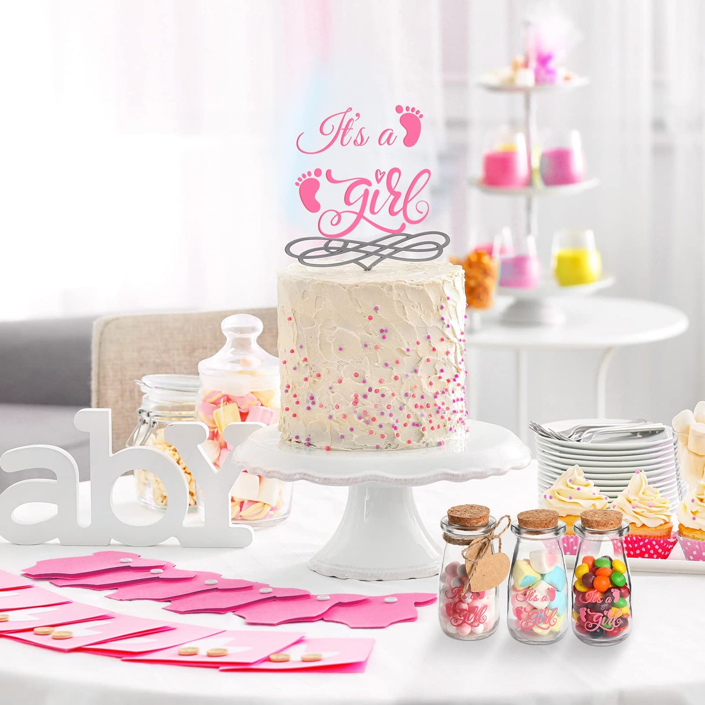 Sieral 48 Pcs 3.4 oz Small Glass Bottles Favor Jars with Cork Lids Baby Shower Decorative Milk Jar for Party Candy Decorations Souvenirs (It's a Girl)
