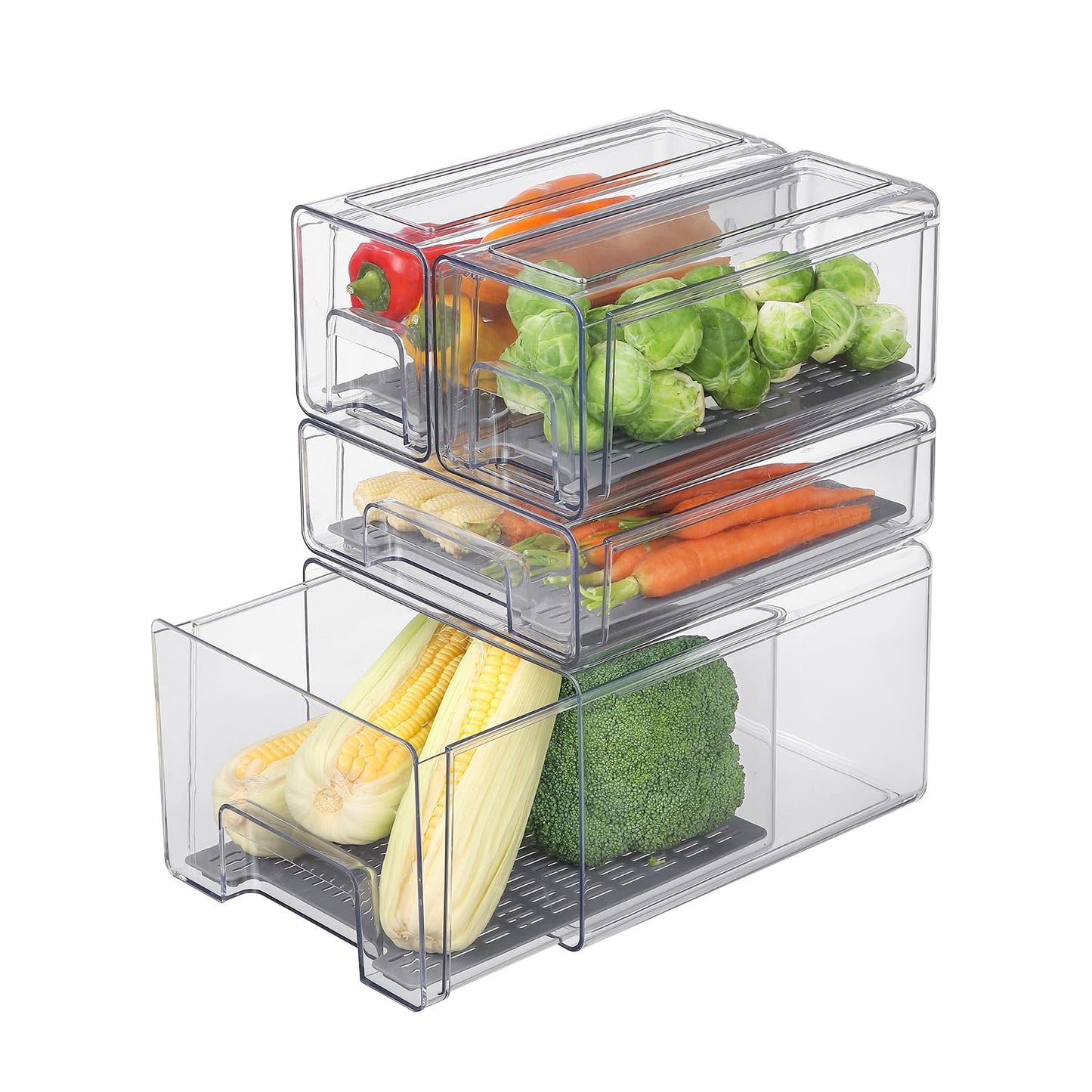 Bronkeeper Pull Out Clear Fridge Organizer Drawers with Drainer, Refrigerator Stackable Storage Bins for Kitchen Fruit & Veggie Organization (Complete Set)