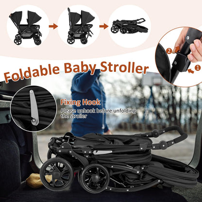 GLACER Foldable Twin Stroller, Double Baby Stroller w/Multi-Level Backrest, Canopy, Handle & Footrest, Safety Belt & Brake System, Travel Tandem Seating Stroller w/Lockable Wheels (Black)