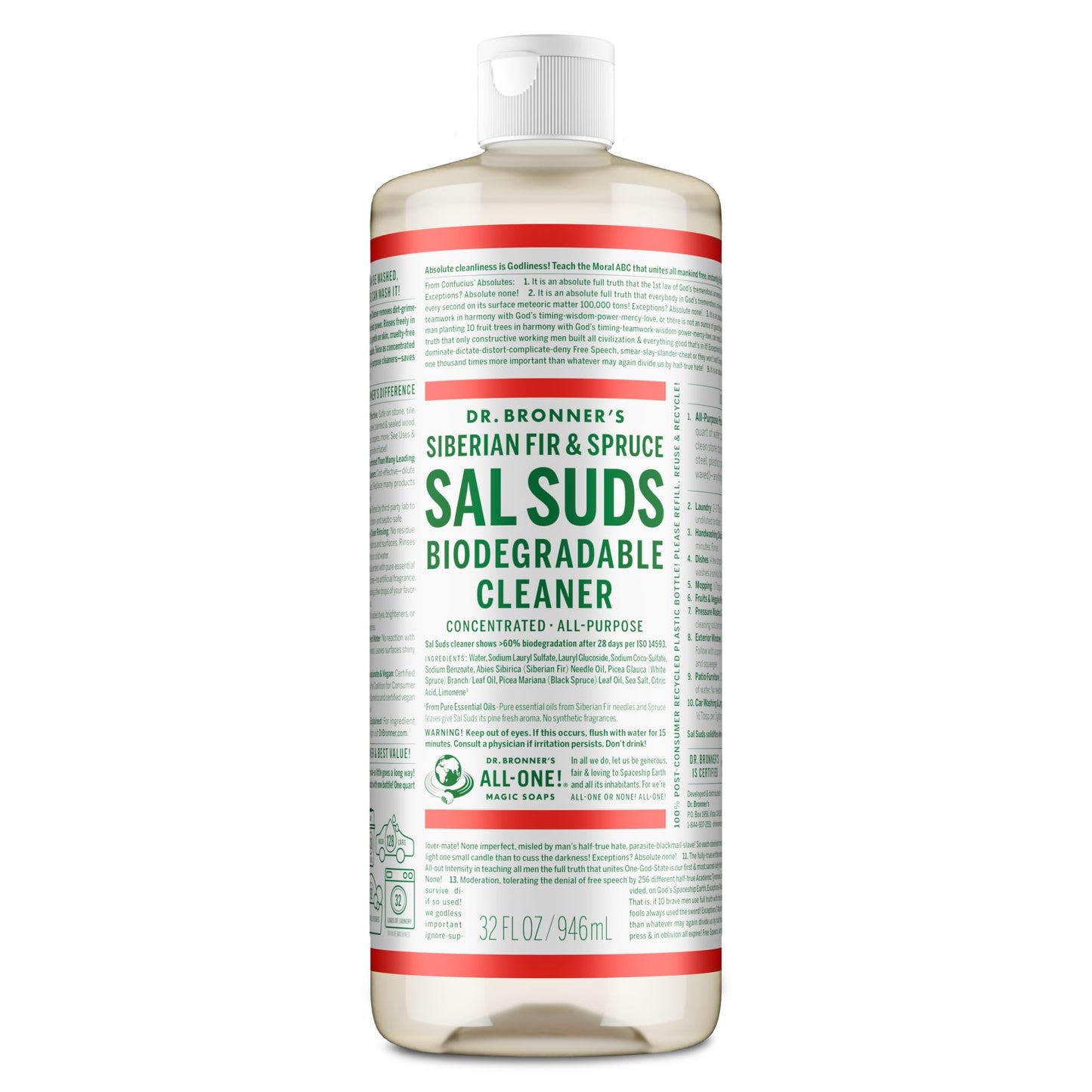 Dr. Bronner's Sal Suds Biodegradable Cleaner (32 oz) – All Purpose Pine Mop Detergent for Floors, Laundry & Dishes, Multi-Surface Concentrate, Heavy-Duty Degreaser