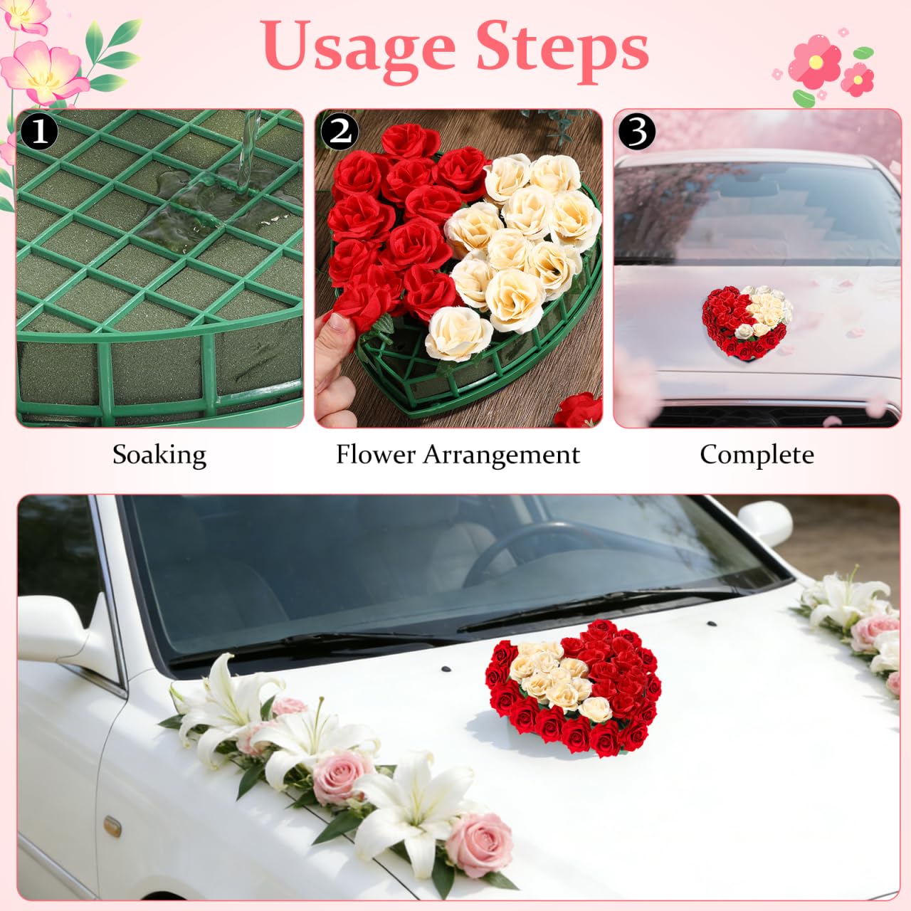 EXCEART Heart Shaped Floral Foam with 4Pcs Suction Cups, Green Wet Florist Sponge Blocks for Wedding Car Decoration, DIY Flower Arrangement Bricks for Parties & Anniversaries, Leak-Proof