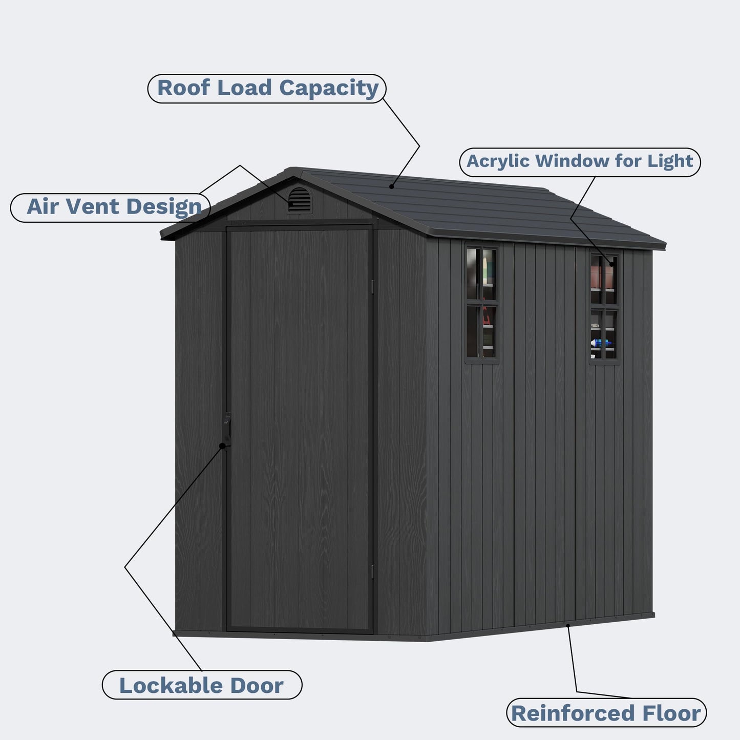 Devoko 4×8 FT Resin Storage Shed with Floor, Garden Plastic Outdoor Shed with Window and Lockable Door, Waterproof Outside Tool shed for Backyard Patio, Dark Grey