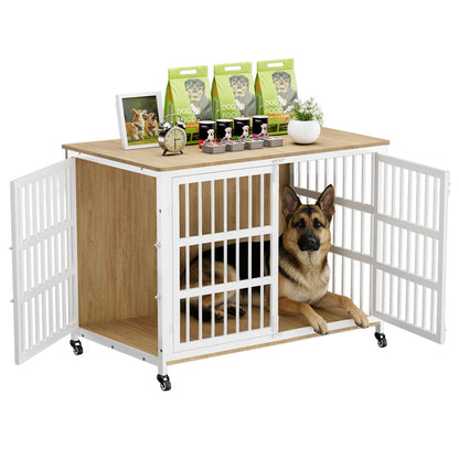 46" Dog Crate Furniture with Wheels, XXL Heavy Duty Dog Kennel Indoor for XL Dogs, Metal Chew-Proof Dog Cage, 45.9" L x 27.6" W x 32.4" H, Decorate House as TV Stand, End Table — Natural and White