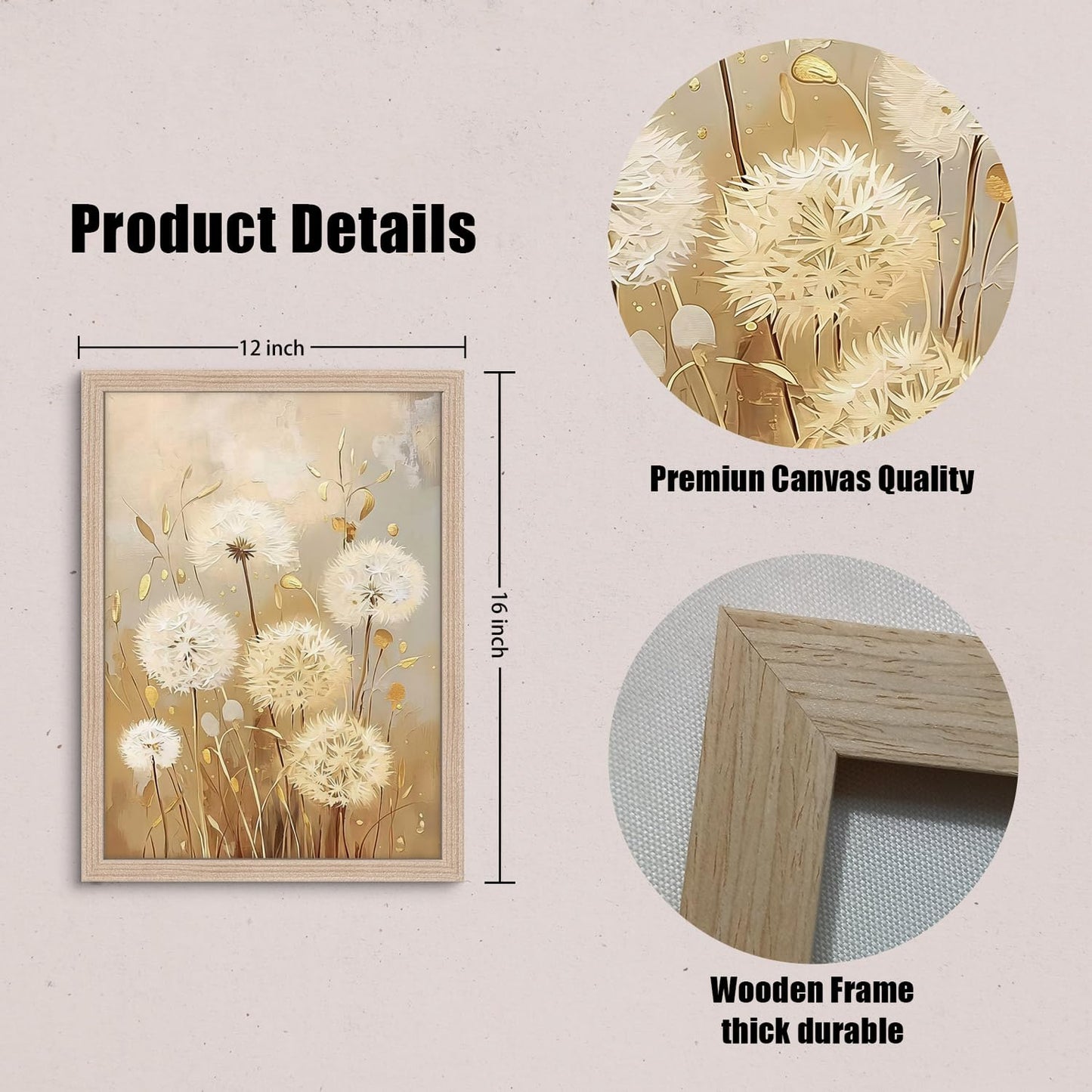 3 Pcs Framed Modern Dandelion Wall Art Canvas Painting Floral Image Oil Painting Style Poster Gallery Art Print Wall Decoration Print Living Room Bedroom Hallway 12x16 inch Ready to Hang