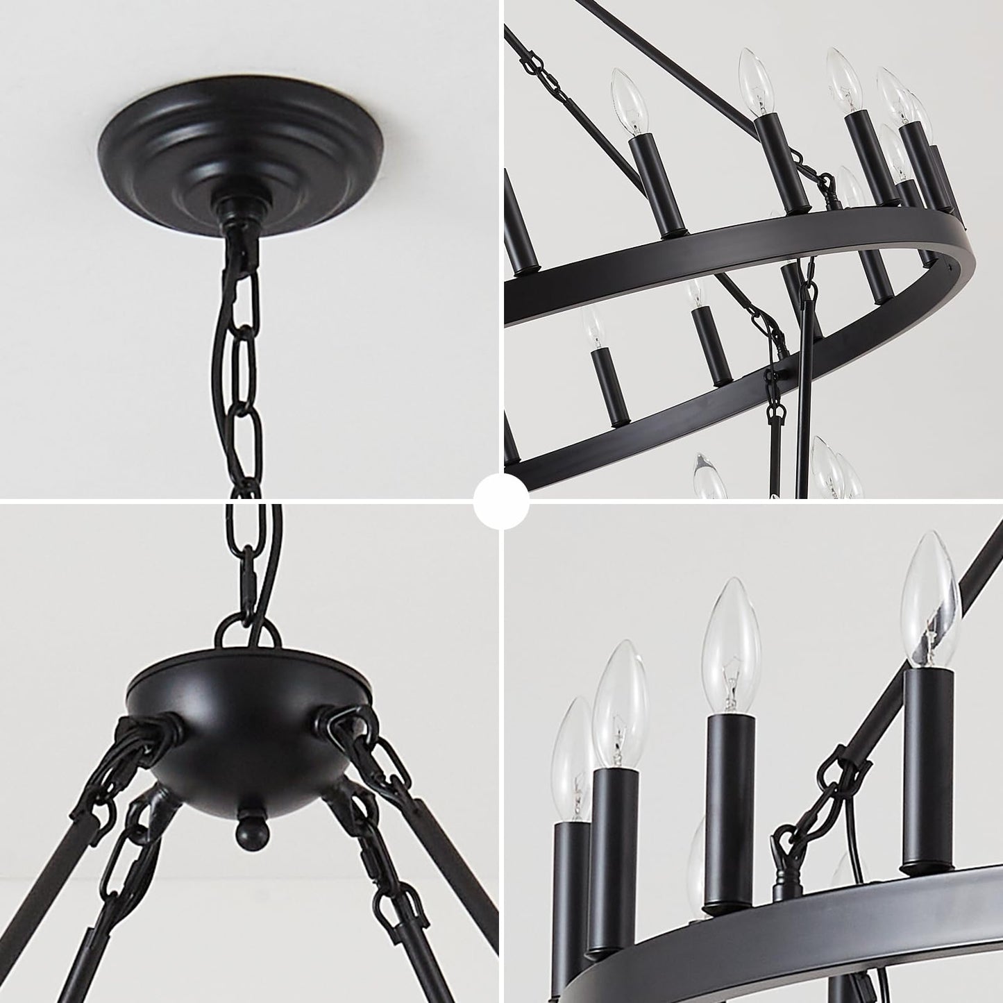 VBKK Black Wagon Wheel Chandelier 2 Tier 36-Light, 48-Inch Large Farmhouse Industrial Chandelier Round Rustic Pendant Light Fixture for High Ceilings Foyer, Entryway, Dining Room, E12