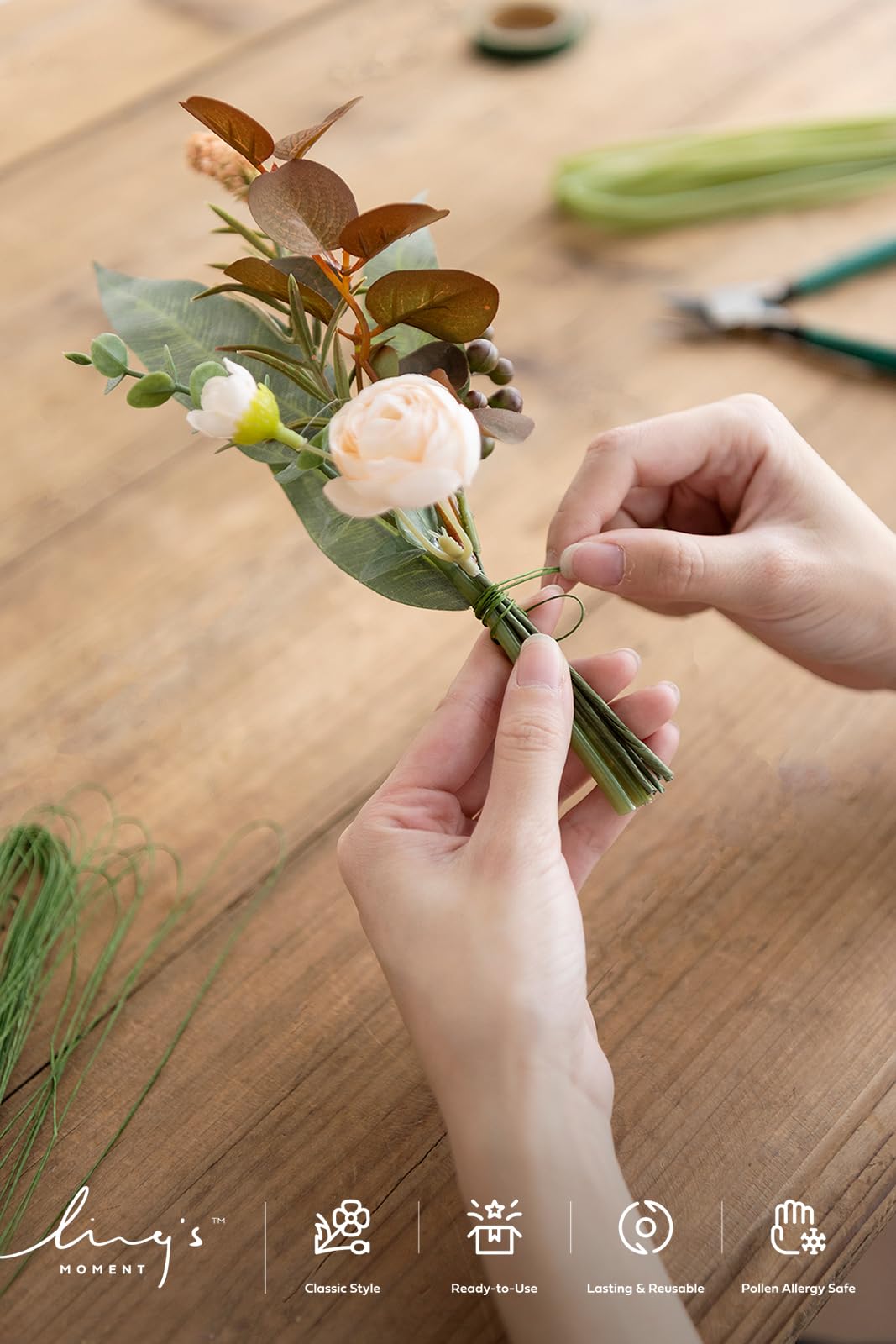 Ling's moment DIY Tools Set for Wedding, 3 Kinds of Accessories Include 100pcs Artificial Stems, 100pcs Flower Craft Wires and 20ft Tubing for Wedding Bridal Flower DIY and Floral Arrangement