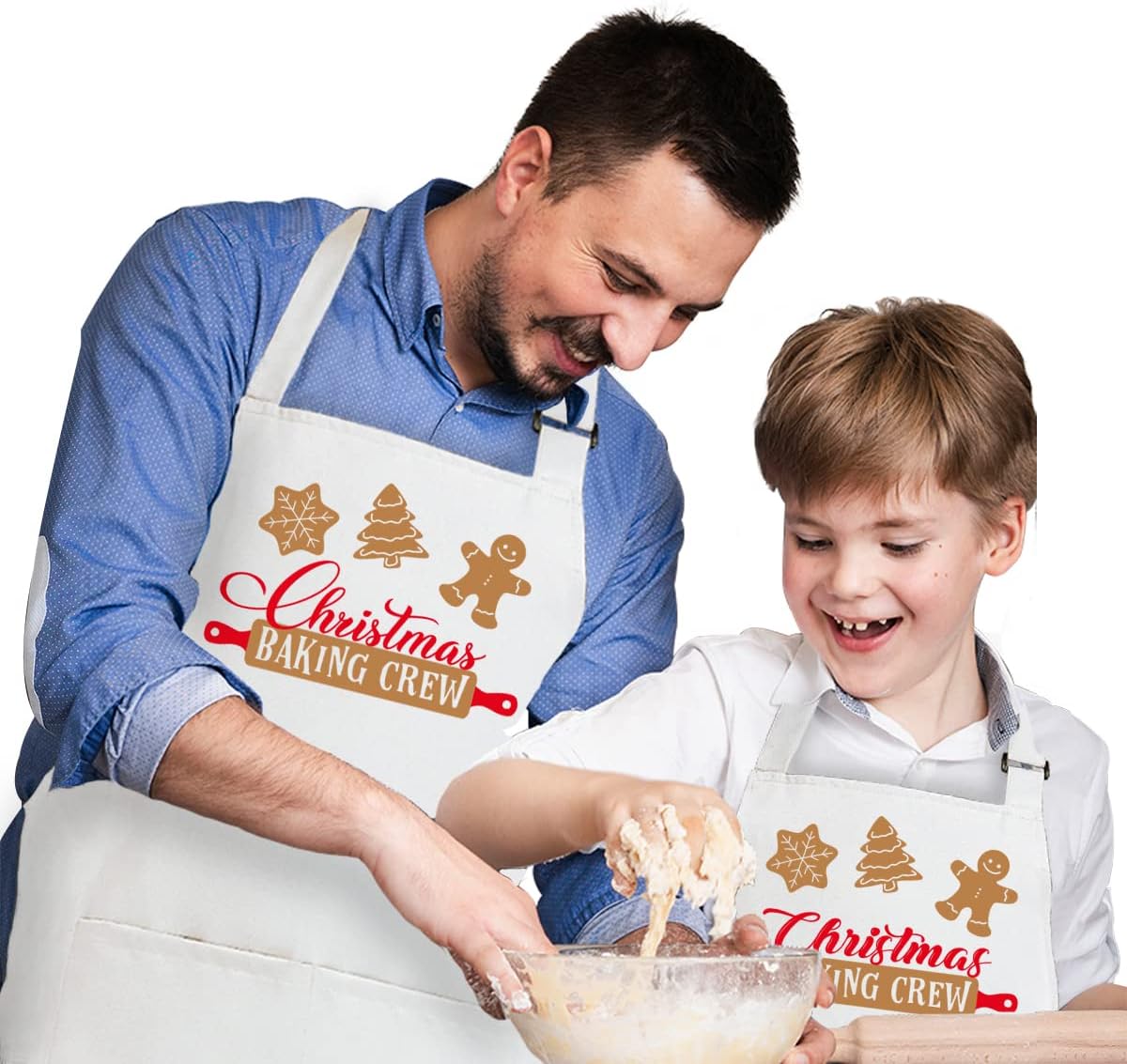 2 Pack Christmas Matching Aprons for Kids and Adults, Christmas Baking Crew, White Kitchen Aprons with 2 Pockets for