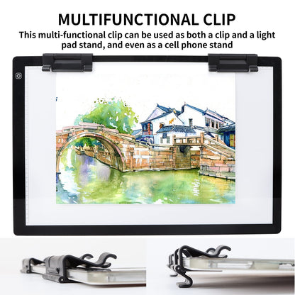 TOHETO A2 Artist Tracing Light Pad with 2 Clips, 12V2A Adapter Power Stepless Dimmable Brightness Large Artcraft Light Box Copy Board for Diamond Painting Weeding Vinyl Tattoo Drawing (23.7''x15.8'')