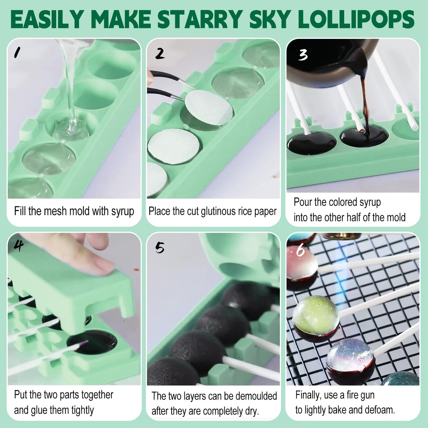 QELEG 2pcs Silicone Lollipop Molds with 100 Paper Sticks, 6-Capacity 3D Round Hard Candy Ice Ball Molds for DIY Chocolate Cake Pop