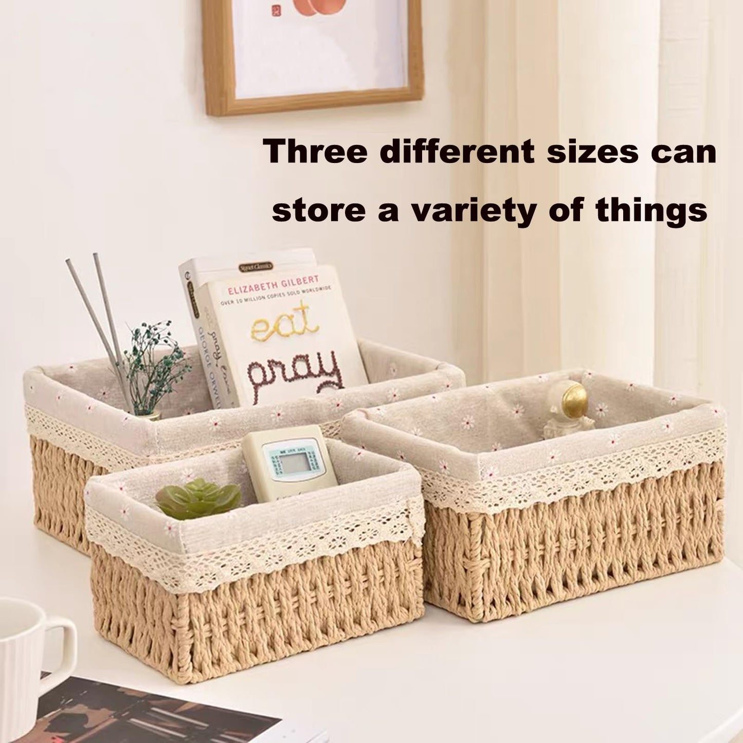 Wicker Baskets with Liner for Counter, Natural Paper Rope Rattan Storage Basket,Hand Woven Pantry Table Organizer Bins for Bedroom Living Room Bathroom School Shelves Office Desk (3 Pack Beige)