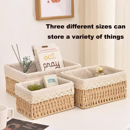 Wicker Baskets with Liner for Counter, Natural Paper Rope Rattan Storage Basket,Hand Woven Pantry Table Organizer Bins for Bedroom Living Room Bathroom School Shelves Office Desk (3 Pack Beige)