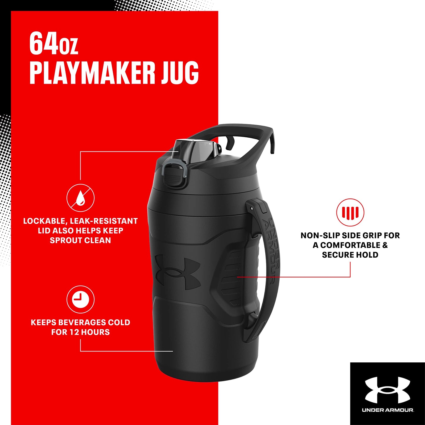 Under Armour Half Gallon Water Bottle Insulated, 64oz Insulated Water Bottle with Handle, Fence Hook, Leak Resistant, for Baseball, Football & More - Black/Black