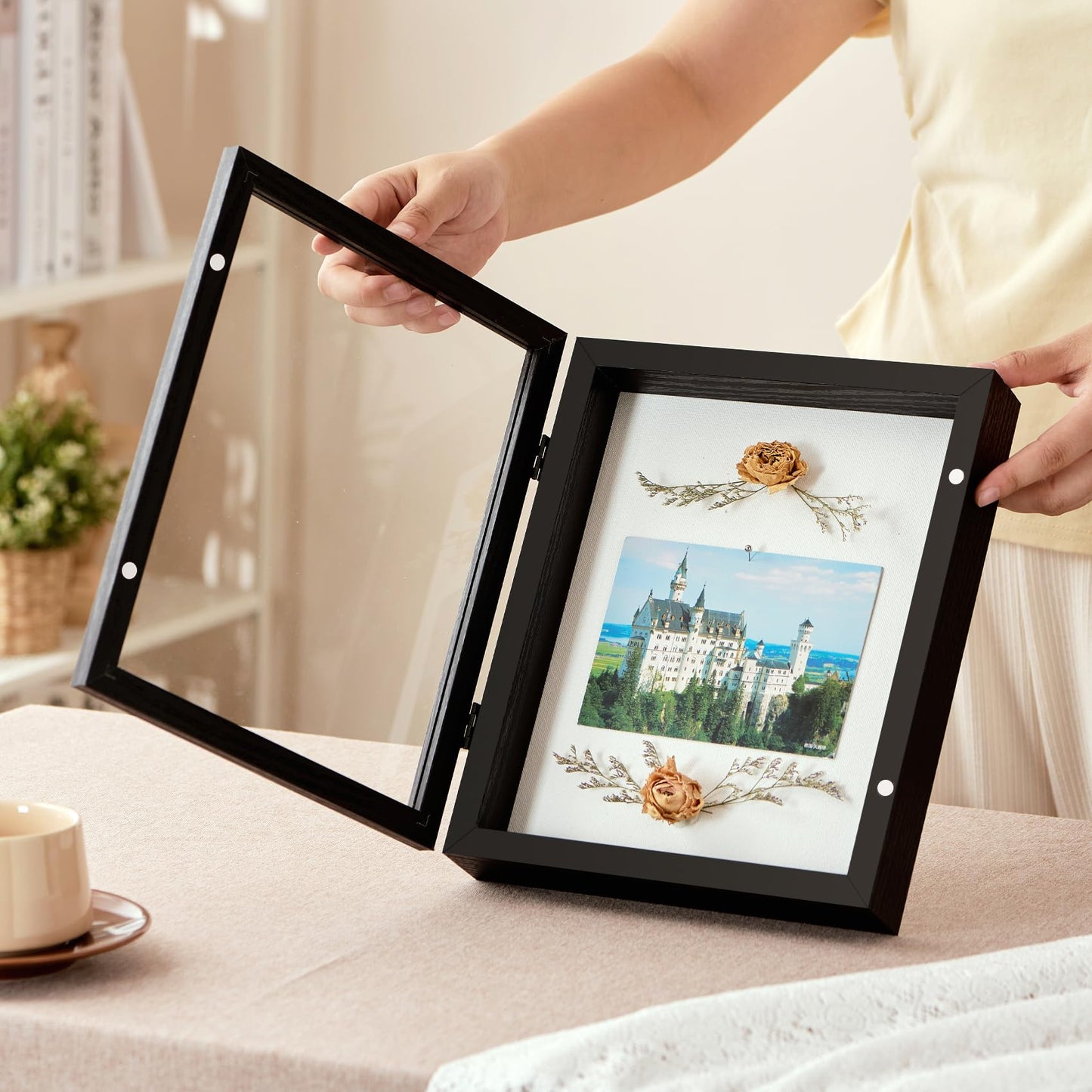 SPESFUTA 8x10 Deep Shadow Box Picture Frame Display Case with Linen Back and Stand,Real Glass Black Shadow Memory Box Frame 8x10 for Flower Baby Pet Wedding Photo Art Craft Memorial Wall Decor Gift