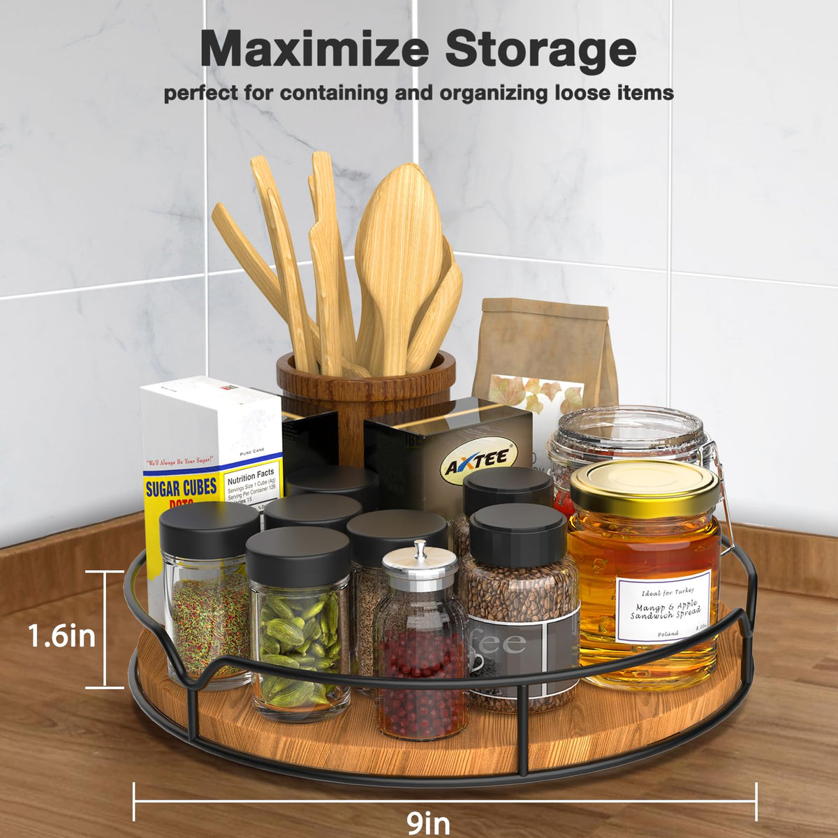 Lazy Susan Turntable Organizer for Cabinet Pantry Kitchen Countertop Refrigerator Cupboard, Pine Wood, 9", Carbonized Black
