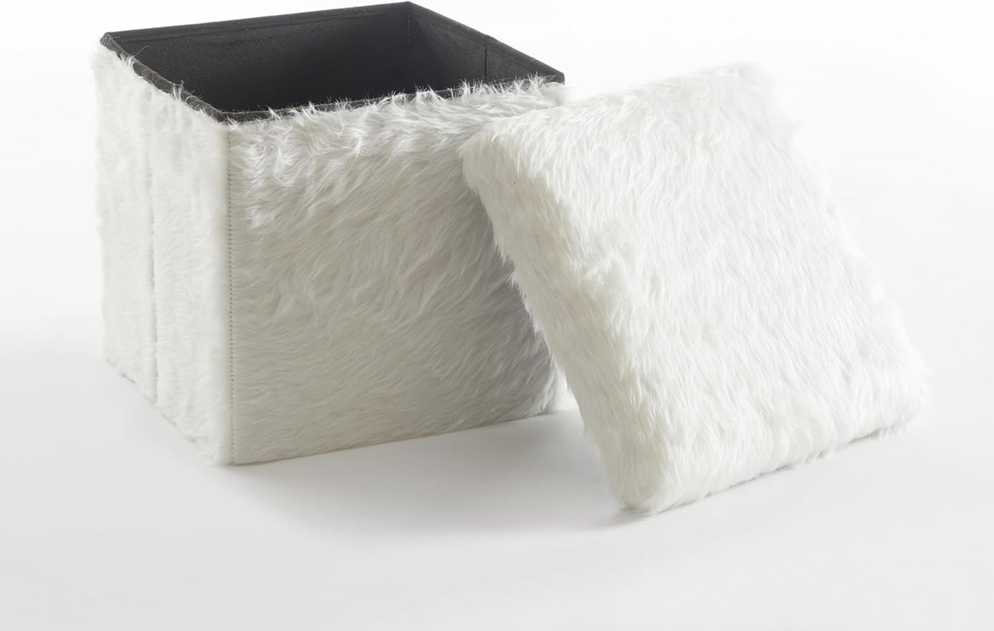 15 Inch Urban Lifestyle Mongolian Fur Collapsible Storage Ottoman Square Soft White Modern Multipurpose Footrest Bench