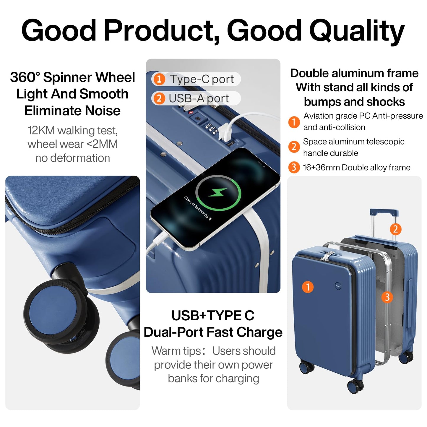 mixi Large Checked Luggage with Cup Phone Holder and Charger Hard Shell Suitcases with Spinner Wheels, 26 Inch Sapphire Blue