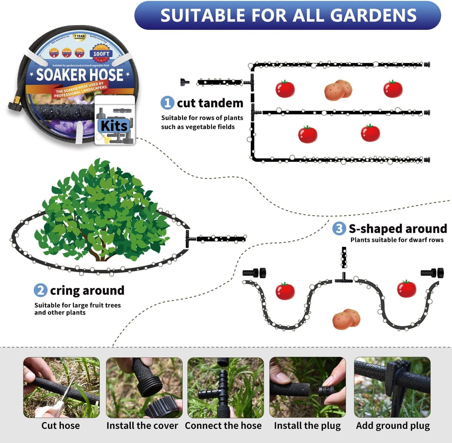 100 1/2 100 (100 Soaker Hose FT for Garden Beds, Rubber Garden Soaker Hoses FT with Connectors, Drip Irrigation