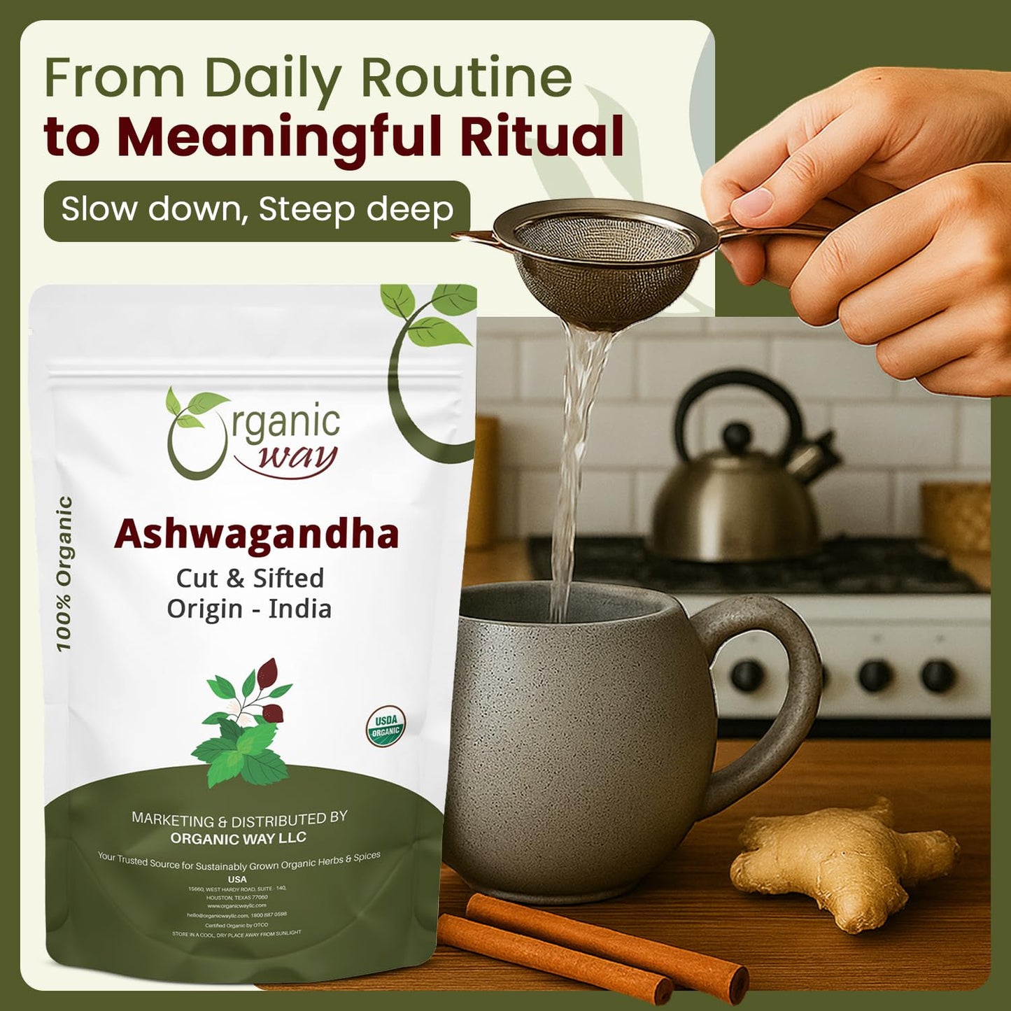 Organic Way Ashwagandha Root Cut & Sifted (Withania somnifera) - Organic & Kosher Certified | Vegan, Non GMO & Gluten Free | USDA Certified | Origin - India (1LBS / 16Oz.)