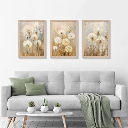 3 Pcs Framed Modern Dandelion Wall Art Canvas Painting Floral Image Oil Painting Style Poster Gallery Art Print Wall Decoration Print Living Room Bedroom Hallway 12x16 inch Ready to Hang