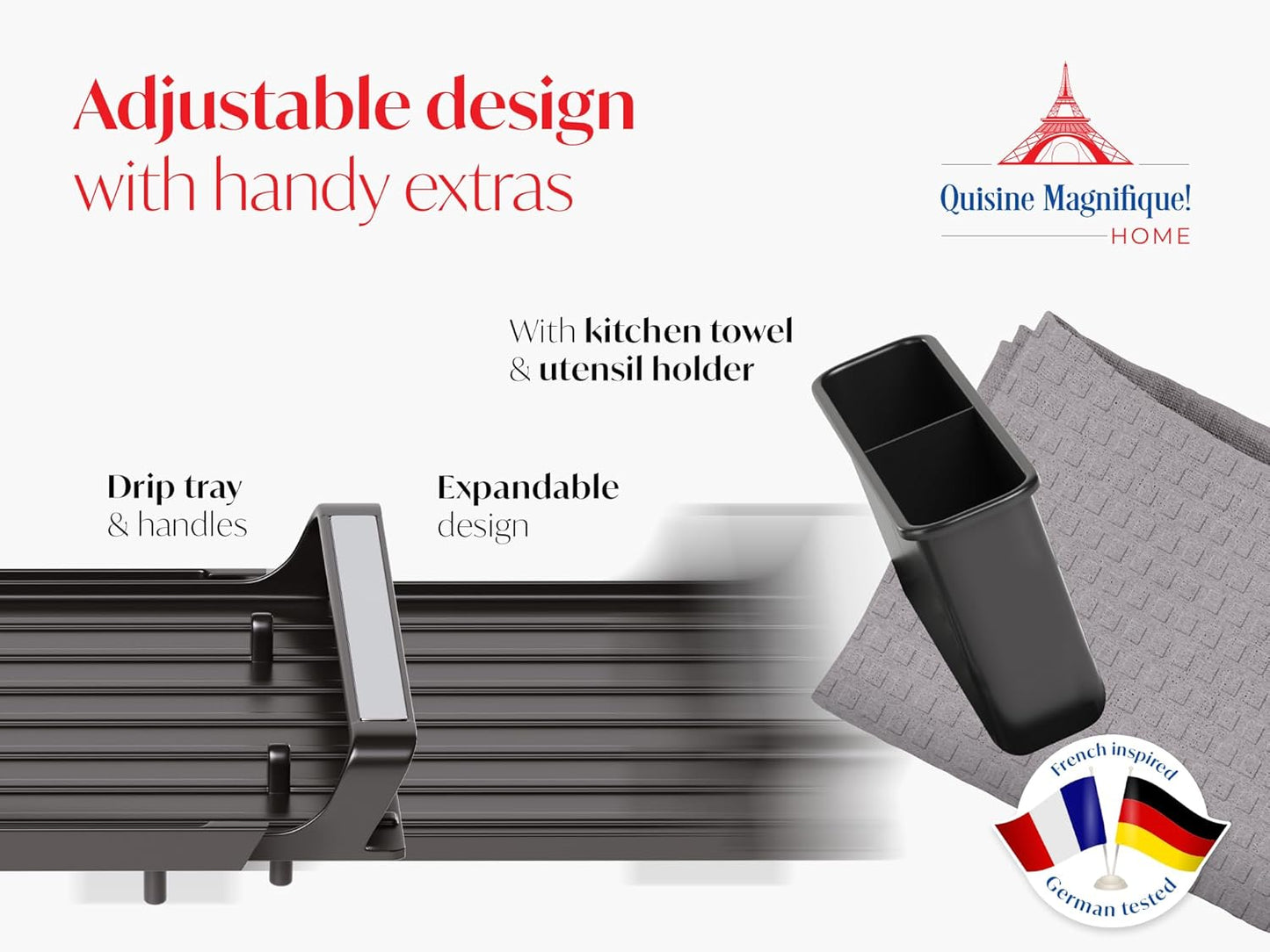 Cuisine Magnifique! Home Dish Drying Rack, Adjustable Length, Includes Kitchen Towel, French-Inspired Space-Saving