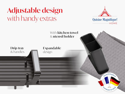 Cuisine Magnifique! Home Dish Drying Rack, Adjustable Length, Includes Kitchen Towel, French-Inspired Space-Saving