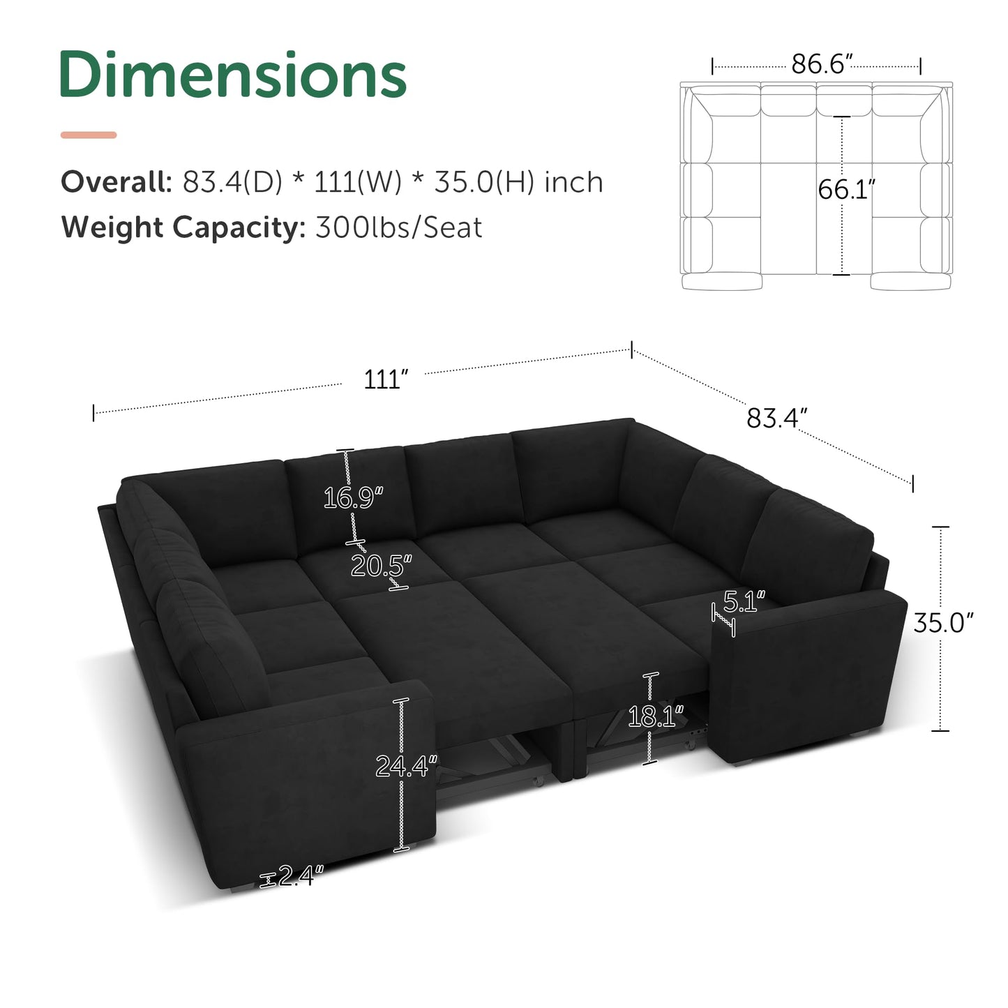 HONBAY Sleeper Sectional Couch with Pull Out Bed, Velvet Modular Sofa with Storage, U Shaped Sectional Couches for Living Room, Black