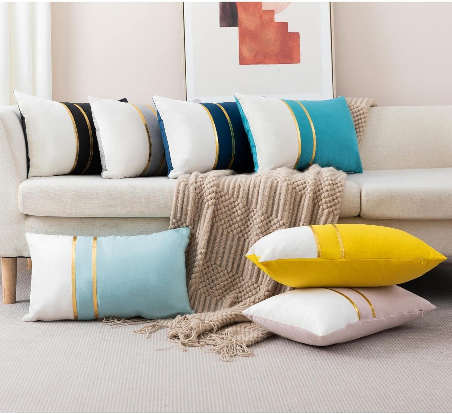 ZLINA Set of 2 Velvet Decorative Throw Pillow Covers - Aqua Green White Patchwork with Gold Leather Pillow Covers 18 ×