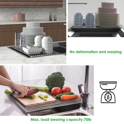 Tomorotec Roll Up Dish Drying Rack, Over The Sink Dish Drying Rack, Portable Stainless Steel Rolling Rack Multipurpose Kitchen Drainer Caddy Organizer Storage Shelf Holder, Gray