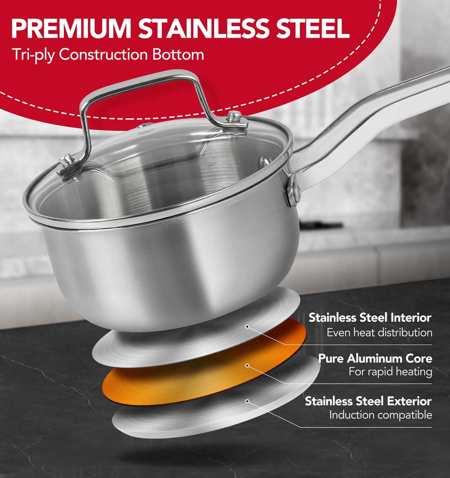 MICHELANGELO Stainless Steel Pots Set - 1QT & 2QT & 3QT Stainless Steel Sauce Pan with Lid, Induction Saucepan Set, Small Pots for Cooking - 6 Pcs