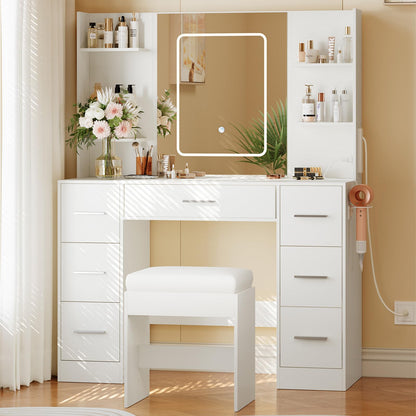 Garvee Makeup Vanity with Mirror and Chair, Power Outlet, Hairdryer Holder, 7 Drawers, 3 Lighting Modes Brightness Adjustable Dressing Table for Bedroom (White)