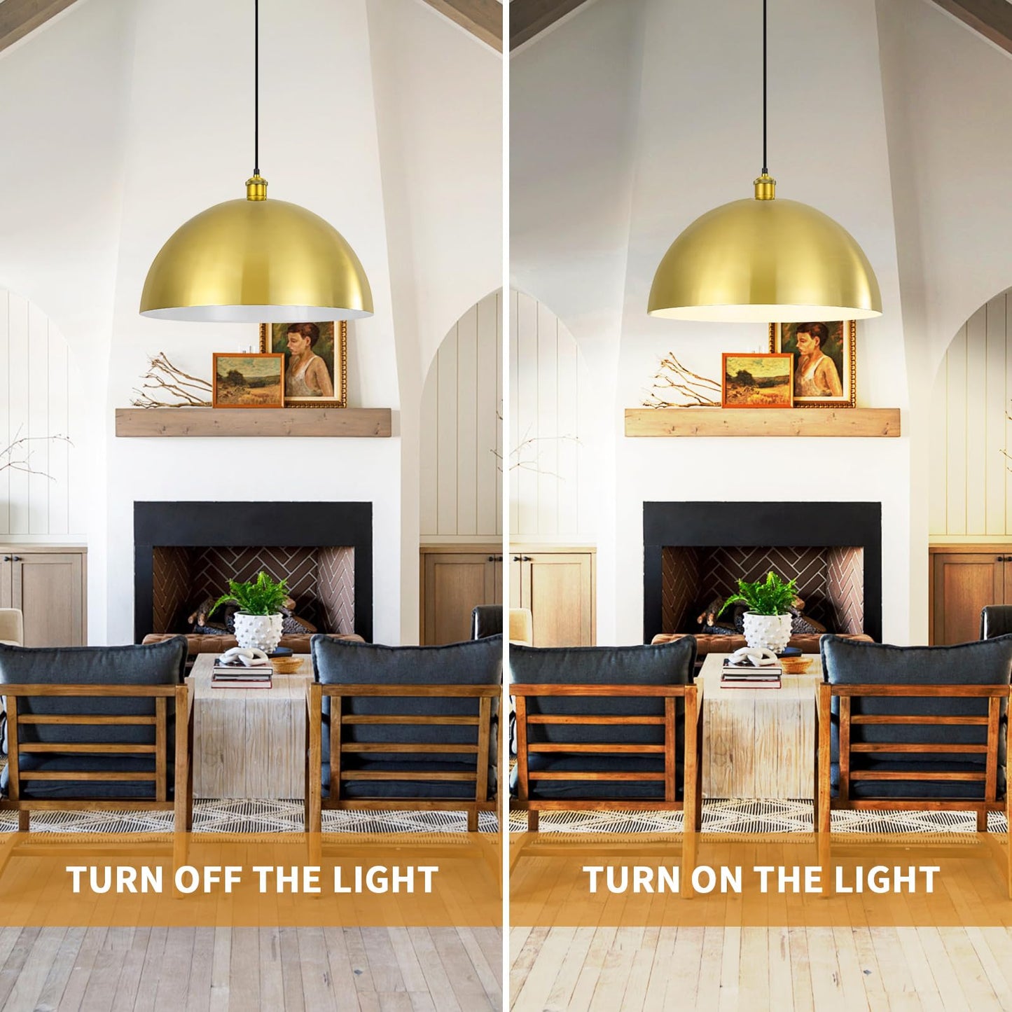 YOGIRL Gold Pendant Light, 20" Farmhouse Ceiling Light with Gold and White, Elegant Semi-Circular Shade Design, Adjustable Height Industrial Dome Pendant Lights for Kitchen Island, Dining Room