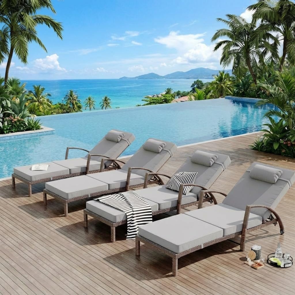 Garvee Outdoor Chaise Lounge Set of 2, 5-Position Adjustable PE Wicker Reclining Chairs with Wheels & 3.5" Cushions, 400 lbs Capacity All-Weather Patio Furniture for Poolside, Garden, Beach(Gray)