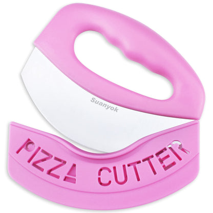 Suanyok Premium Pizza Cutter Food Chopper-Super Sharp Blade Stainless Steel Pizza Cutter Rocker Slicer with Protective Sheath Multi Function Pizza Knife Kitchen Tools,Dishwasher Safe (Pink)