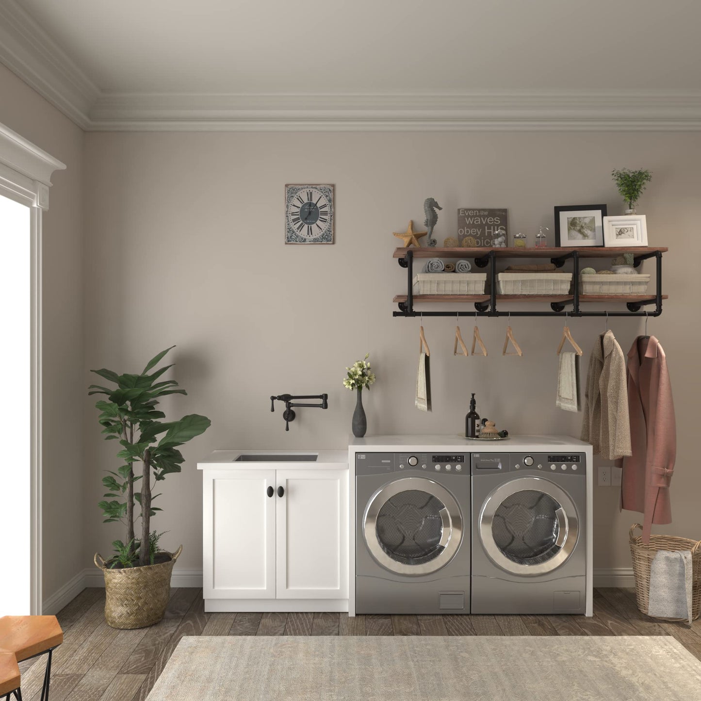 TEDIDUWA 60In Industrial Pipe Clothing Rack with Top Shelf, Space-Saving Wall Mounted Clothes Rack 2 Tiers Pipe Shelves, Shelf with Hanging Rod for Laundry Room, Closet Storage