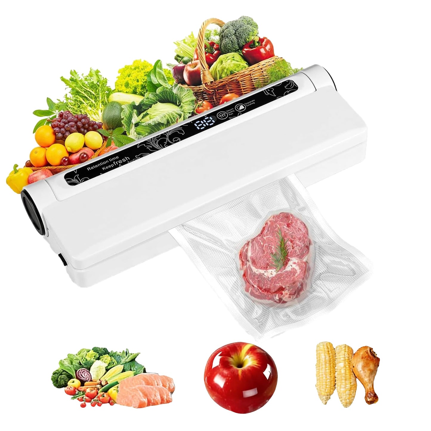 Food Saver Vacuum Sealer Machine, 75KPA Strong Suction for Dry/Wet Foods, Digital Countdown Timer, Compact Design with LED Lights, Includes 20 Vacuum Seal Bags, Ideal for Home Kitchen Use