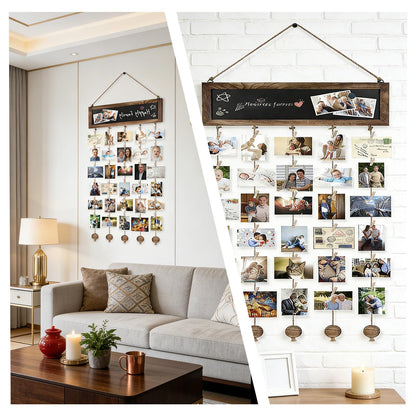 HPZIHYNAP Wooden Photo Board - Hanging Board for Pictures with Clips & Chalkboard, Wall Picture Frame Collage for Home Decor (30 Clips Included)