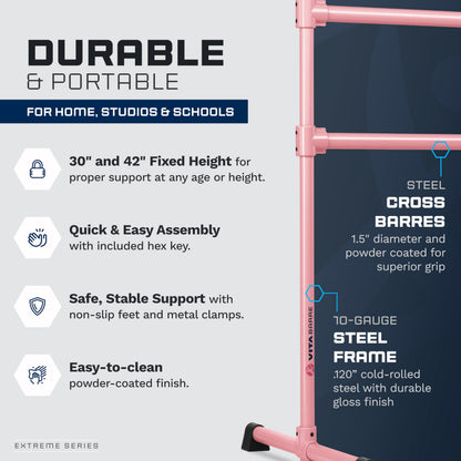 VITA Barre Portable Freestanding Double Ballet Barre, Extreme, 5 Ft Bars, Light Pink, Steel | Fixed Height, Made in USA, Home or Gym Exercise Equipment for Kids & Adults | Dance, Fitness, Pilates